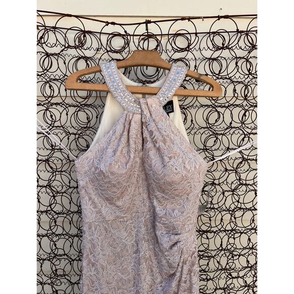 Alex Evenings Long Halter Lace Sheath Dress with Skirt Slit in Taupe Size 8 - Picture 3 of 7